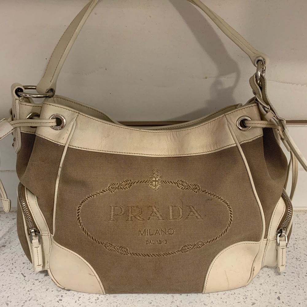 Prada Tan and Cream Canvas Shoulder Bag